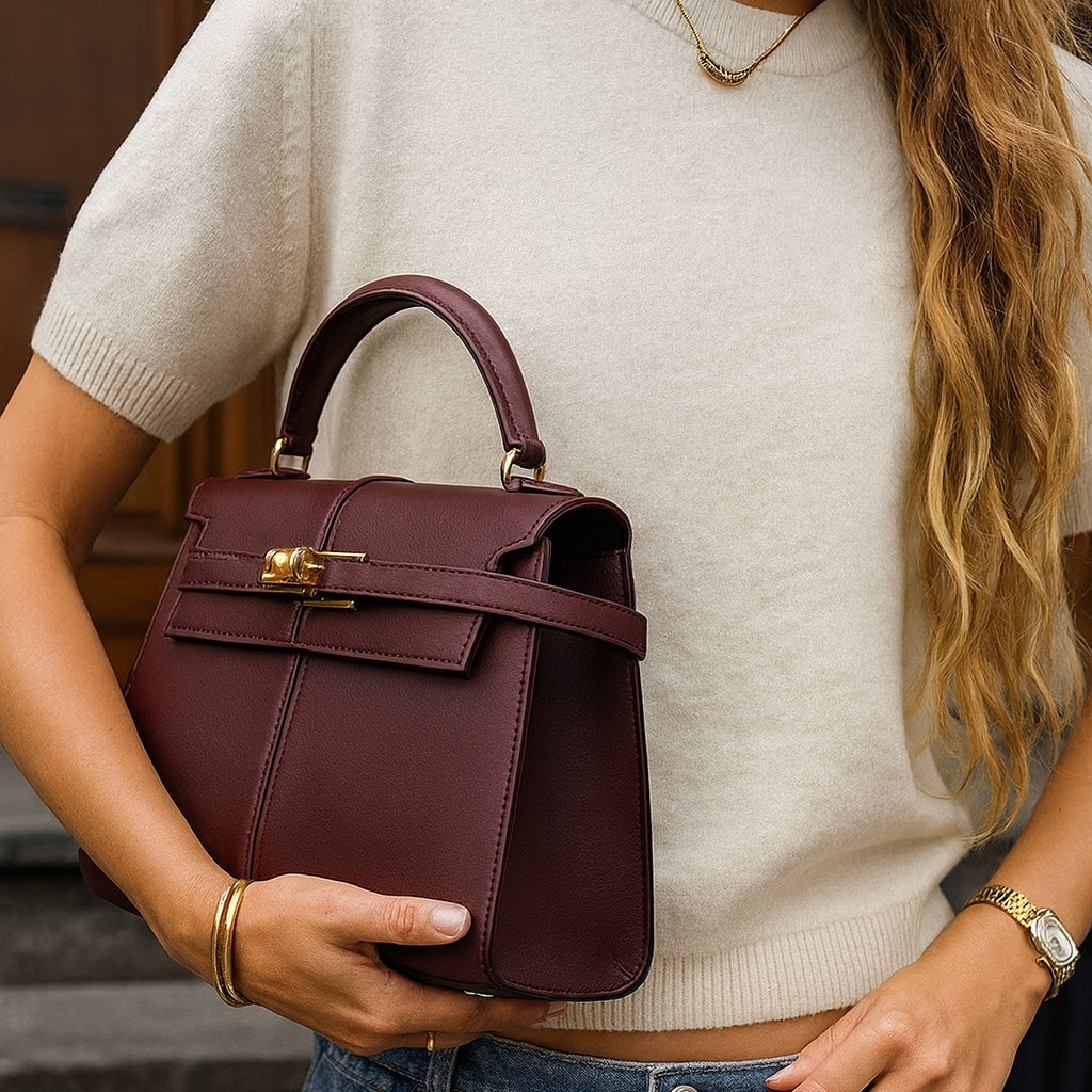 Bolso Elegancia Burdeos Cierre Dorado & Acabado de Lujo